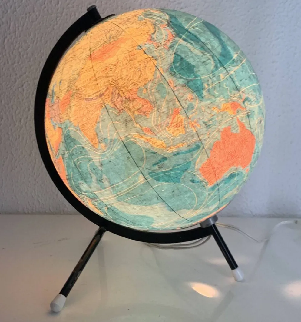 Globe vintage 1975 terrestre tripode verre Taride mappemonde - 28 cm
