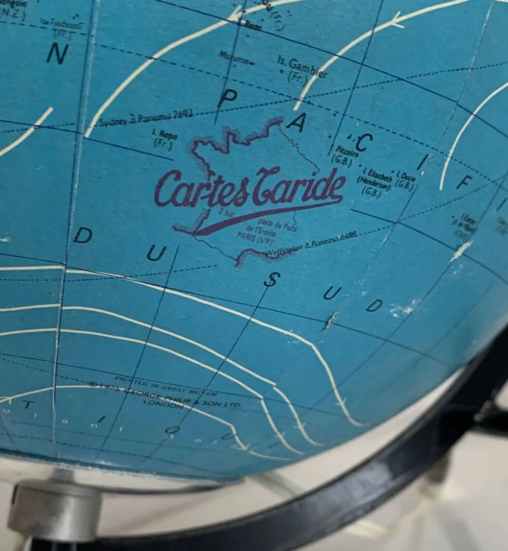 Globe vintage 1975 terrestre tripode verre Taride mappemonde - 28 cm