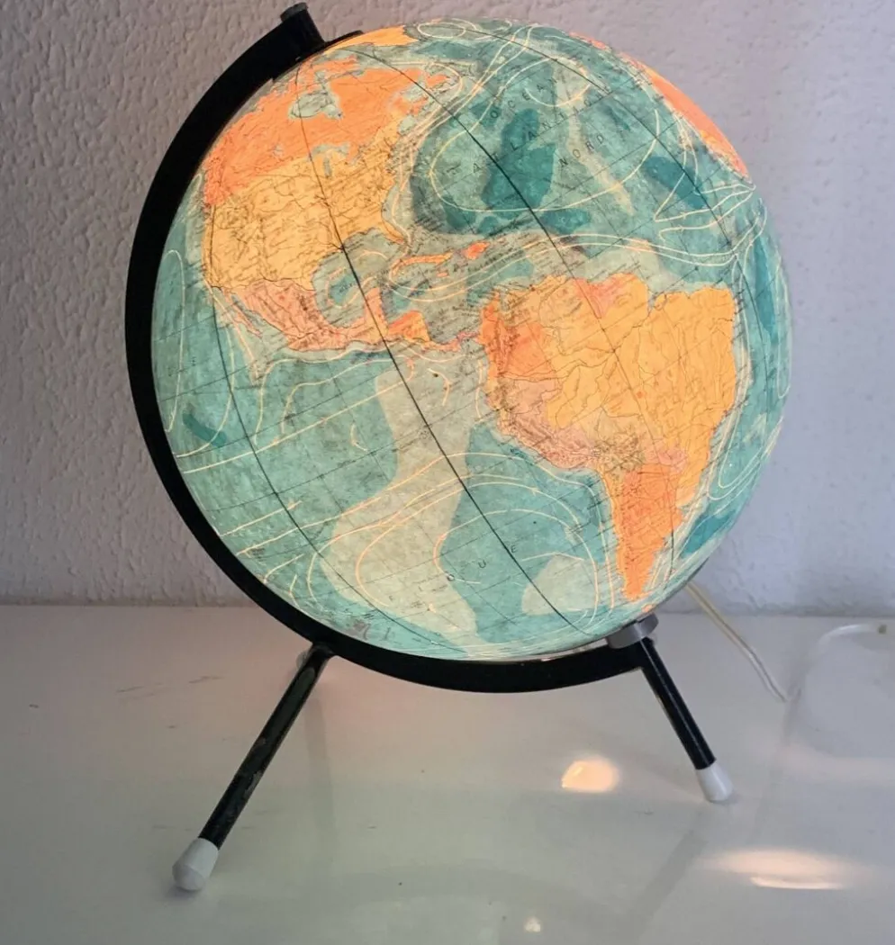 Globe vintage 1975 terrestre tripode verre Taride mappemonde - 28 cm