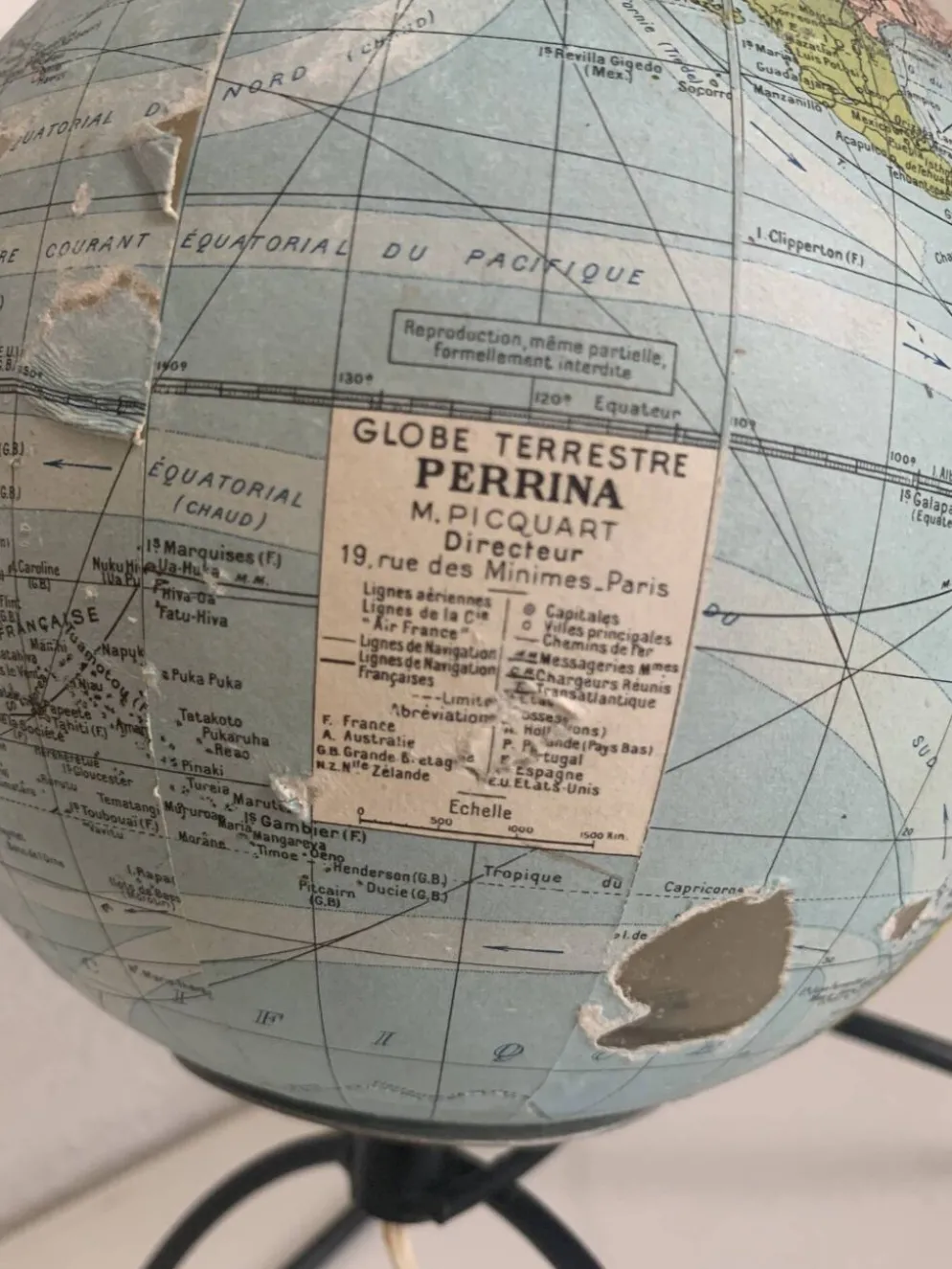 Globe vintage 1960 terrestre verre mappemonde Perrina - 24 cm
