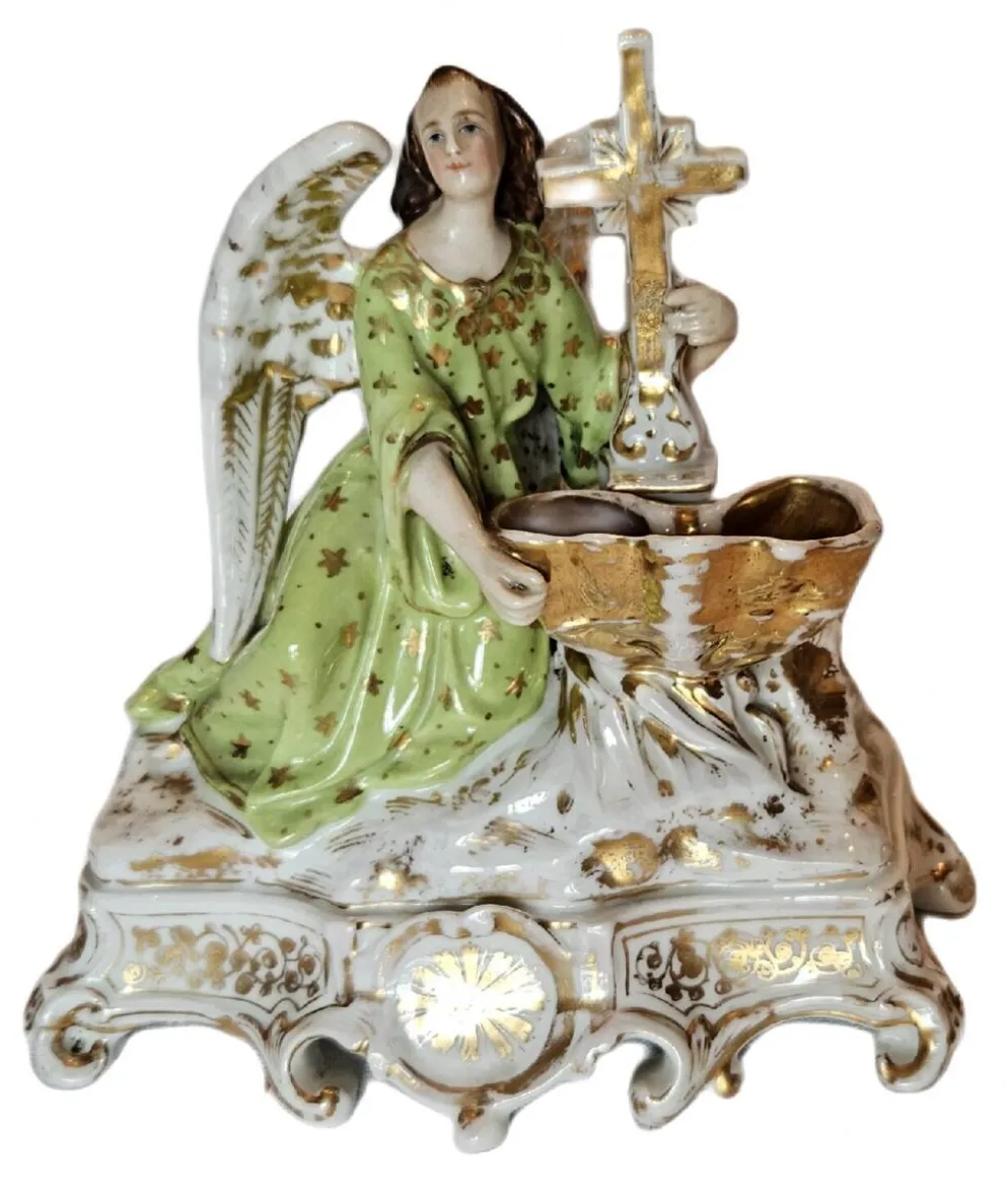 Grand bénitier en porcelaine de Paris Ange doré