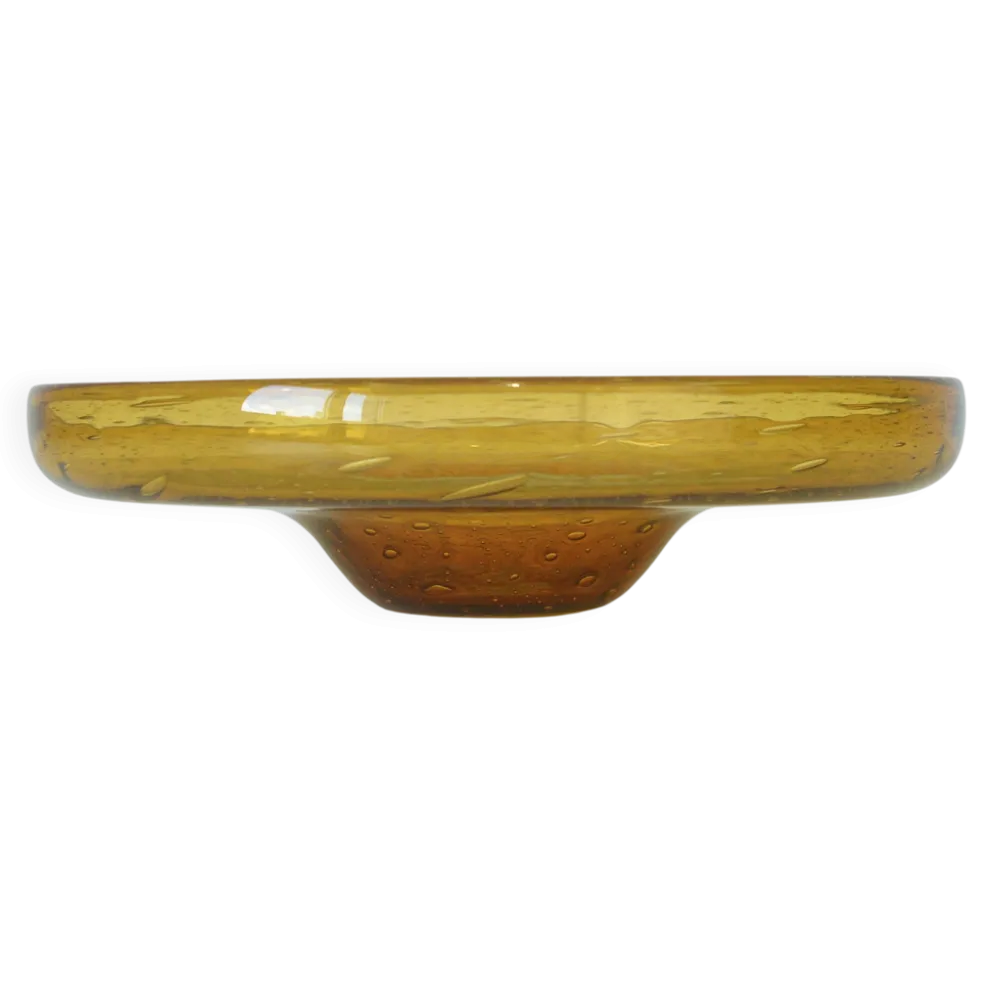 Grand bol en verre bulle ambre vintage – Centre de table en verre soufflé à la main – Ikebana