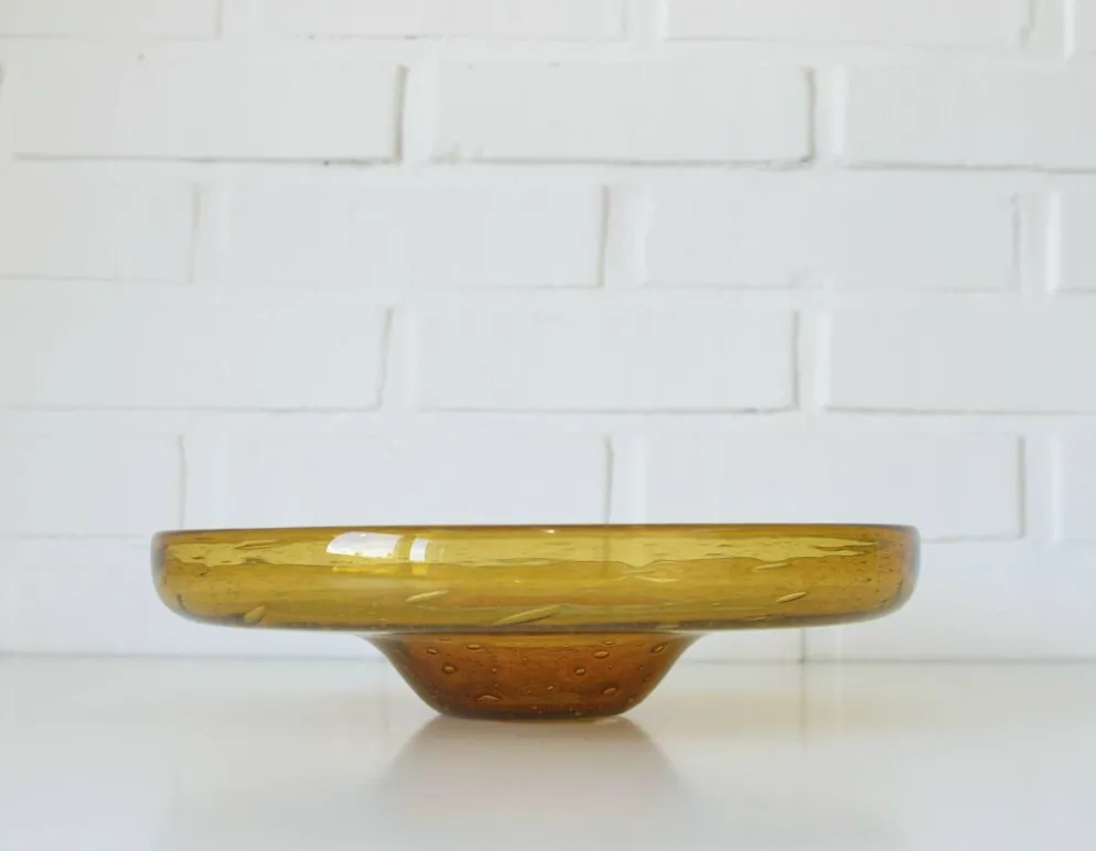Grand bol en verre bulle ambre vintage – Centre de table en verre soufflé à la main – Ikebana