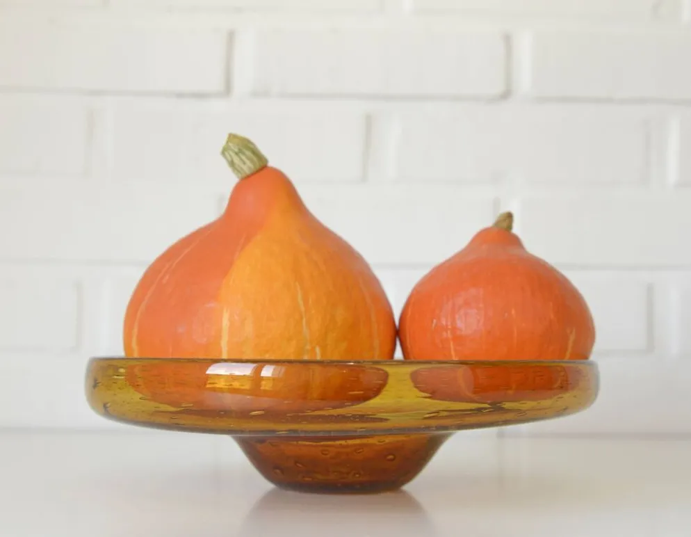Grand bol en verre bulle ambre vintage – Centre de table en verre soufflé à la main – Ikebana