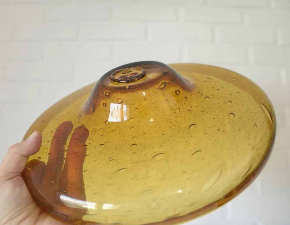 Grand bol en verre bulle ambre vintage – Centre de table en verre soufflé à la main – Ikebana