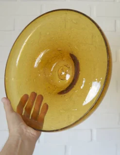 Grand bol en verre bulle ambre vintage – Centre de table en verre soufflé à la main – Ikebana