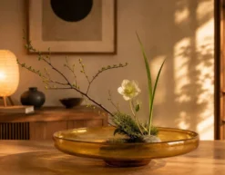 Grand bol en verre bulle ambre vintage – Centre de table en verre soufflé à la main – Ikebana