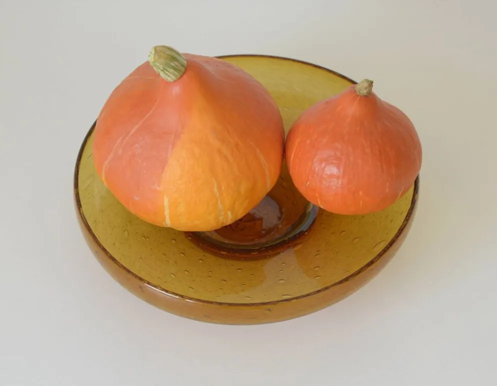 Grand bol en verre bulle ambre vintage – Centre de table en verre soufflé à la main – Ikebana