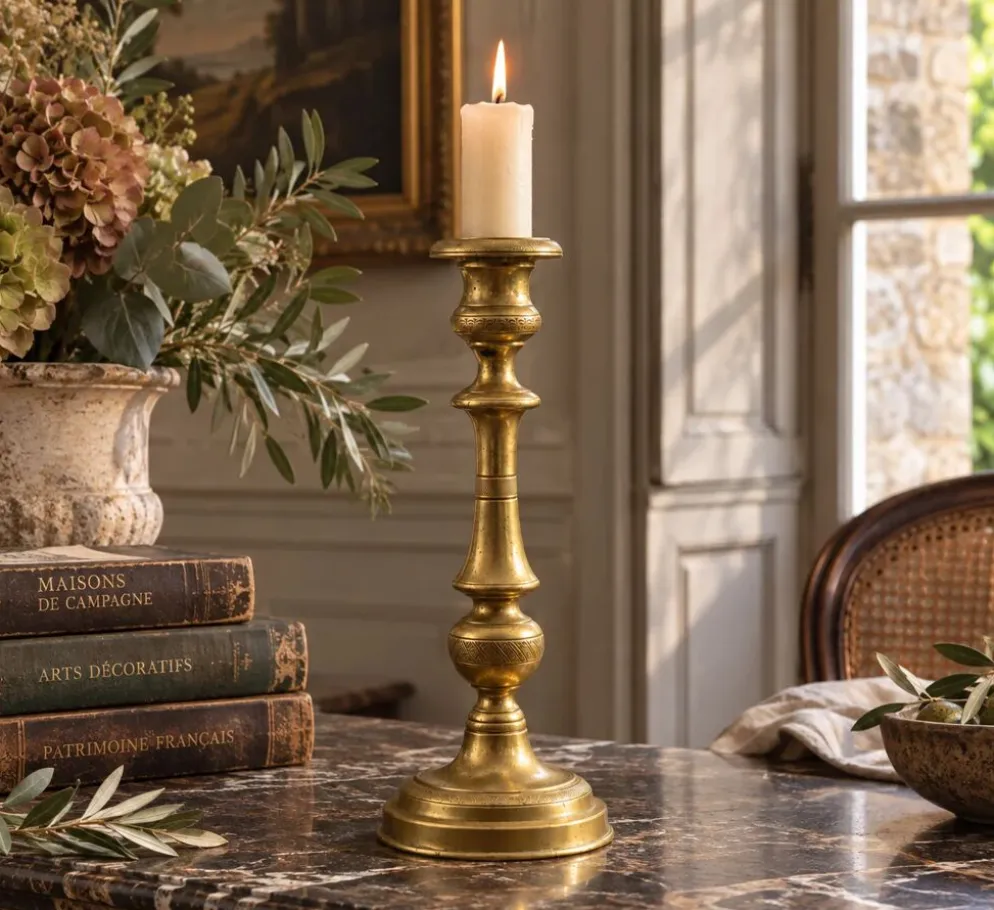 Grand bougeoir ancien en laiton tourné et décoré – H30 cm