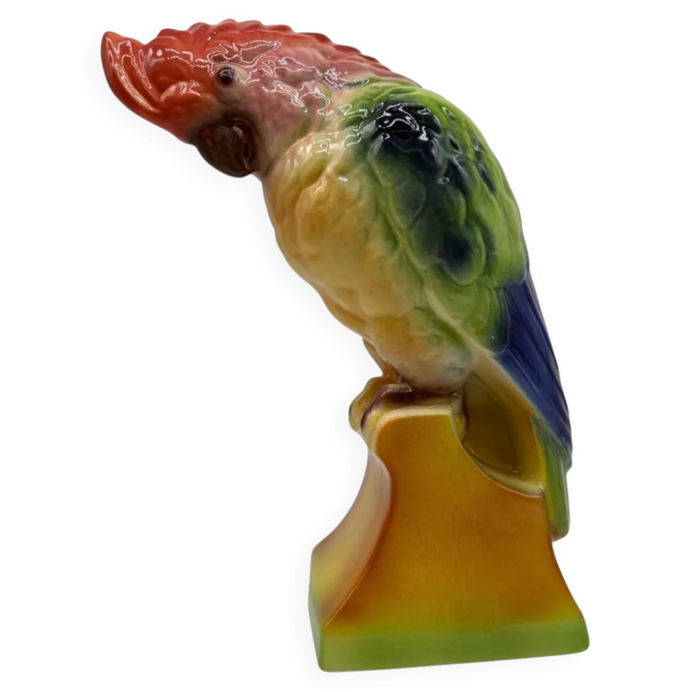 Grand Cacatoès Saint-Clément France Céramique Peinte Main Oiseau Tropical