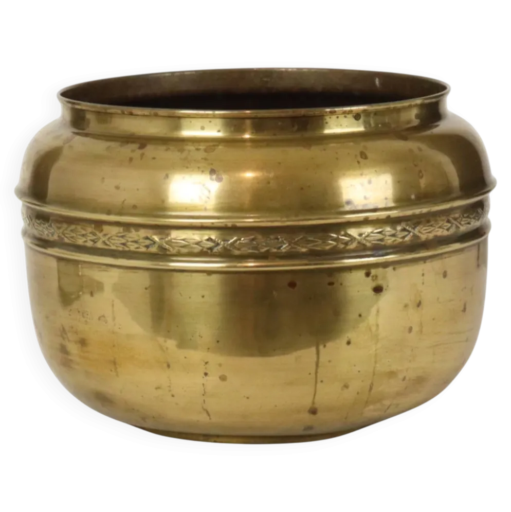Grand cache-pot / jardinière en laiton repoussé français, 25 cm