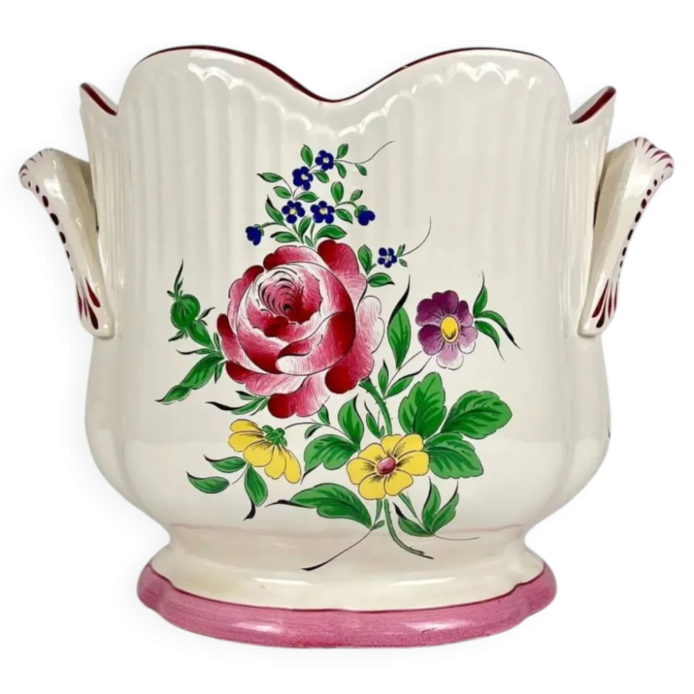 Grand cache pot KG Lunéville, modèle "Réverbère", motif rose