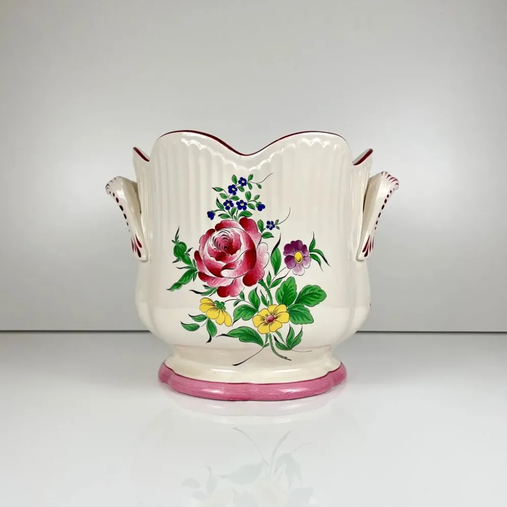 Grand cache pot KG Lunéville, modèle "Réverbère", motif rose