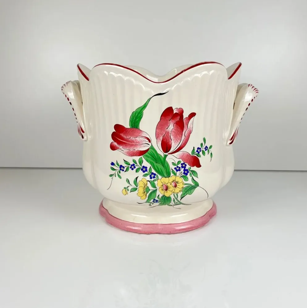 Grand cache pot KG Lunéville, modèle "Réverbère", motif rose