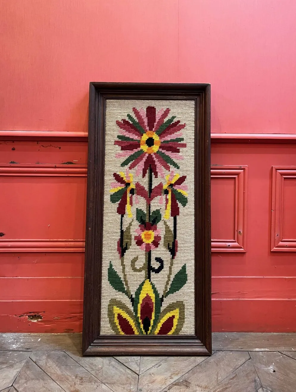 Grand canevas tapisserie laine fleur 1970