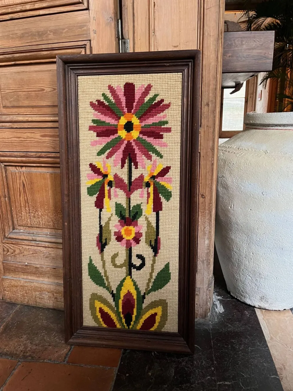 Grand canevas tapisserie laine fleur 1970