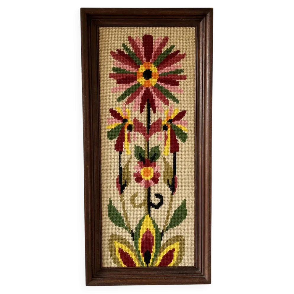 Grand canevas tapisserie laine fleur 1970