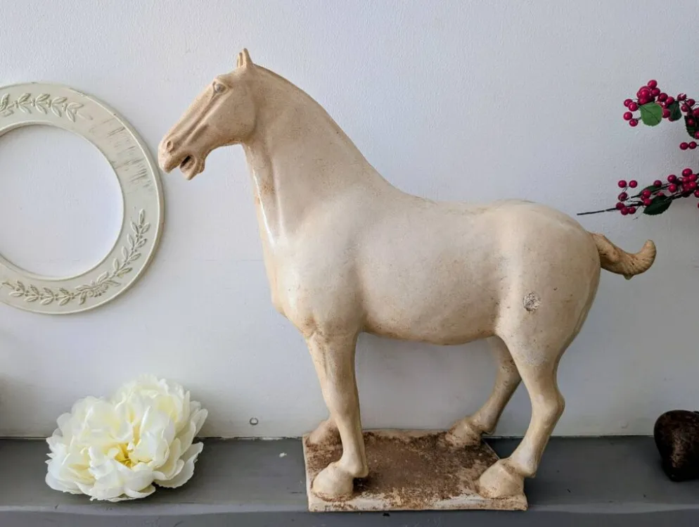 Grand cheval de style Tang en céramique craquelée 40 cm