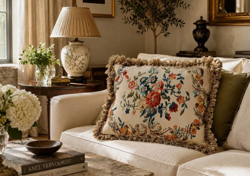Grand coussin en tapisserie Aubusson de style français avec bouquet de roses et frange à pompons.