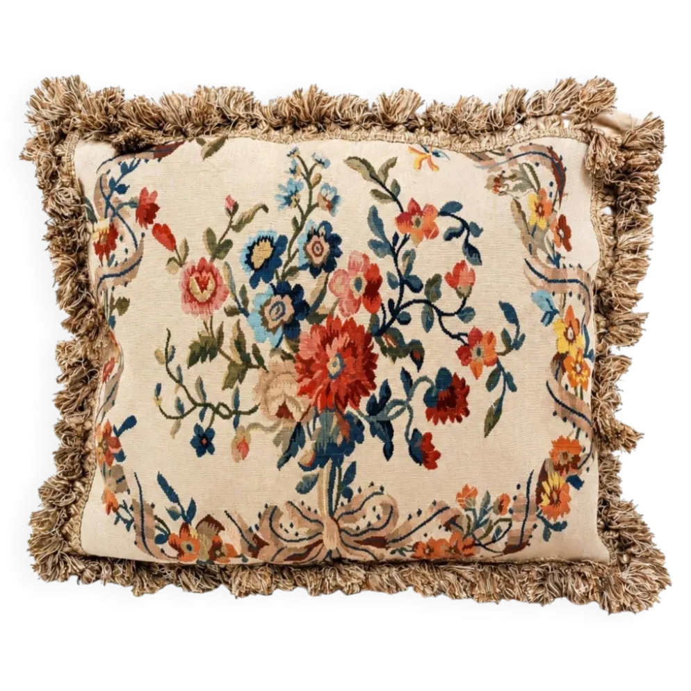 Grand coussin en tapisserie Aubusson de style français avec bouquet de roses et frange à pompons.