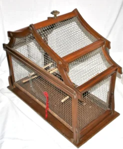 Grande cage à oiseau vintage en bois et grillage métal - Fabrication artisanale 1960