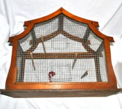 Grande cage à oiseau vintage en bois et grillage métal - Fabrication artisanale 1960