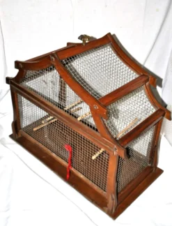 Grande cage à oiseau vintage en bois et grillage métal - Fabrication artisanale 1960