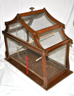 Grande cage à oiseau vintage en bois et grillage métal - Fabrication artisanale 1960