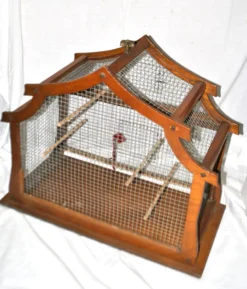 Grande cage à oiseau vintage en bois et grillage métal - Fabrication artisanale 1960