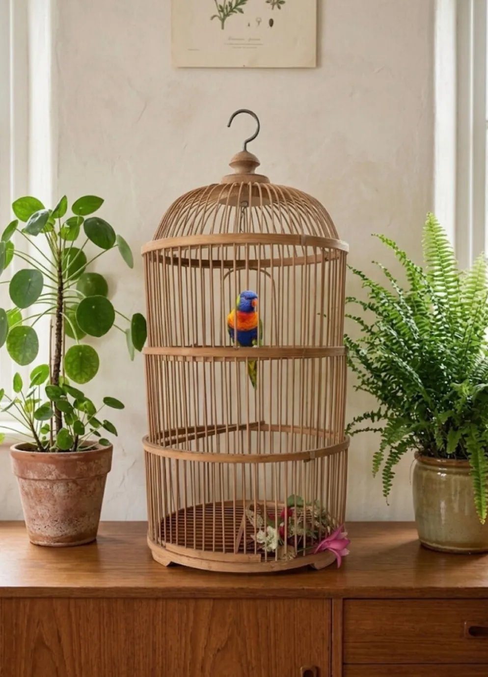 Grande Cage à oiseaux en bambou et rotin des années 70