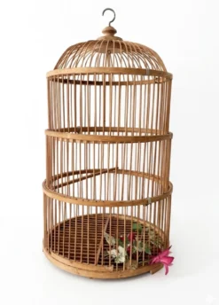 Grande Cage à oiseaux en bambou et rotin des années 70