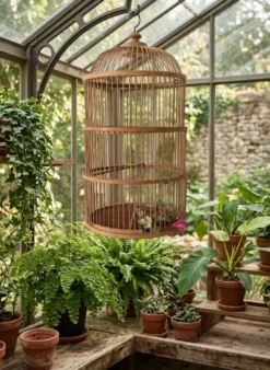 Grande Cage à oiseaux en bambou et rotin des années 70