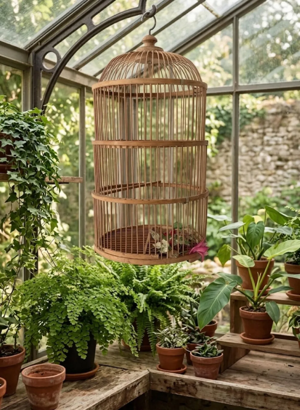 Grande Cage à oiseaux en bambou et rotin des années 70