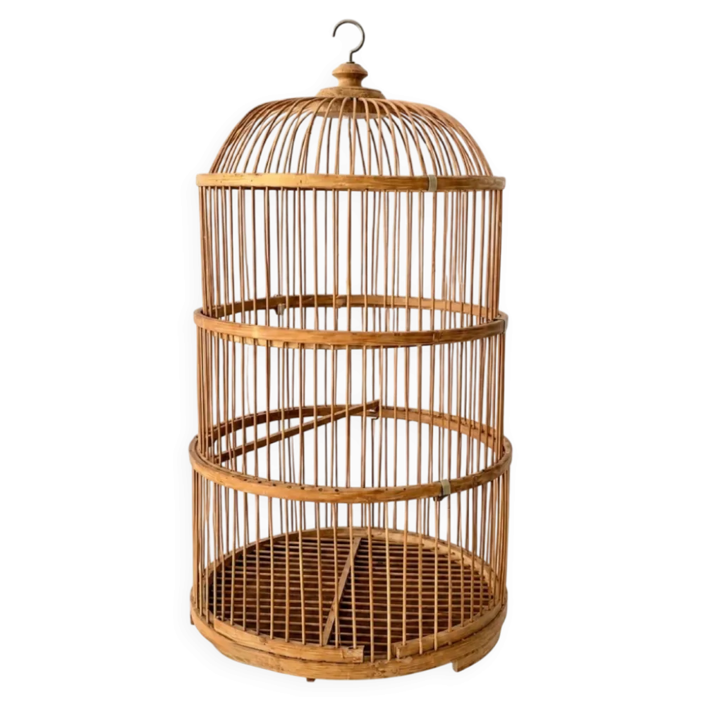 Grande Cage à oiseaux en bambou et rotin des années 70