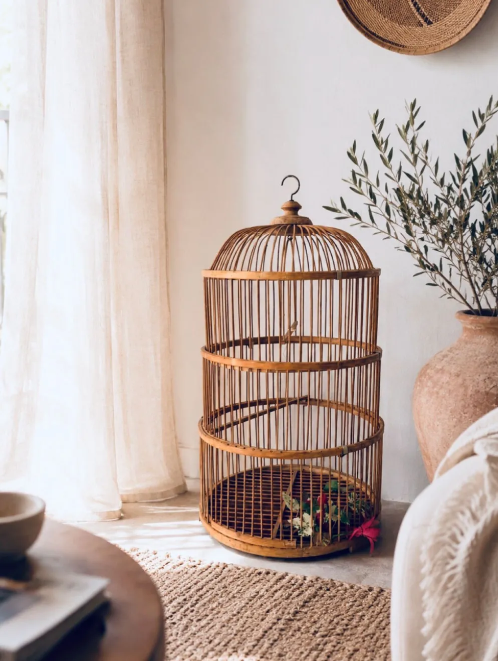 Grande Cage à oiseaux en bambou et rotin des années 70