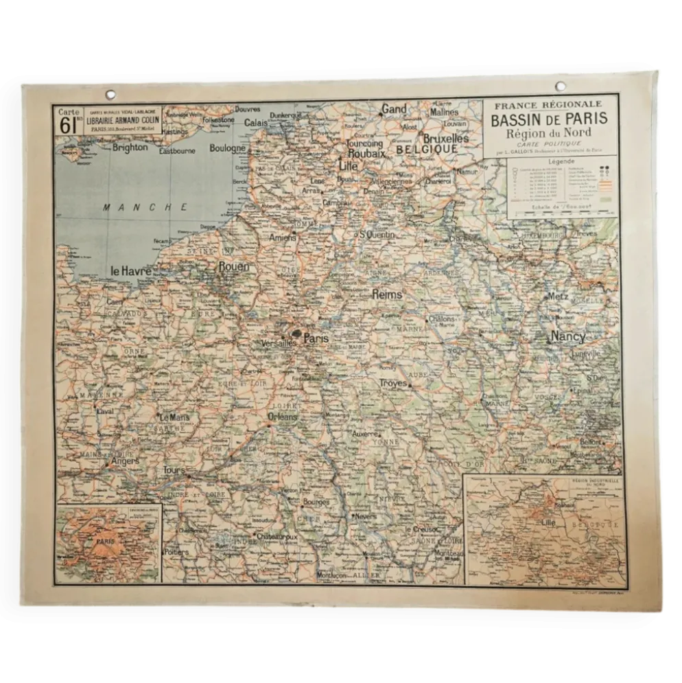 Grande carte scolaire Vidal-Lablache Bassin de Paris Région du Nord – Années 50