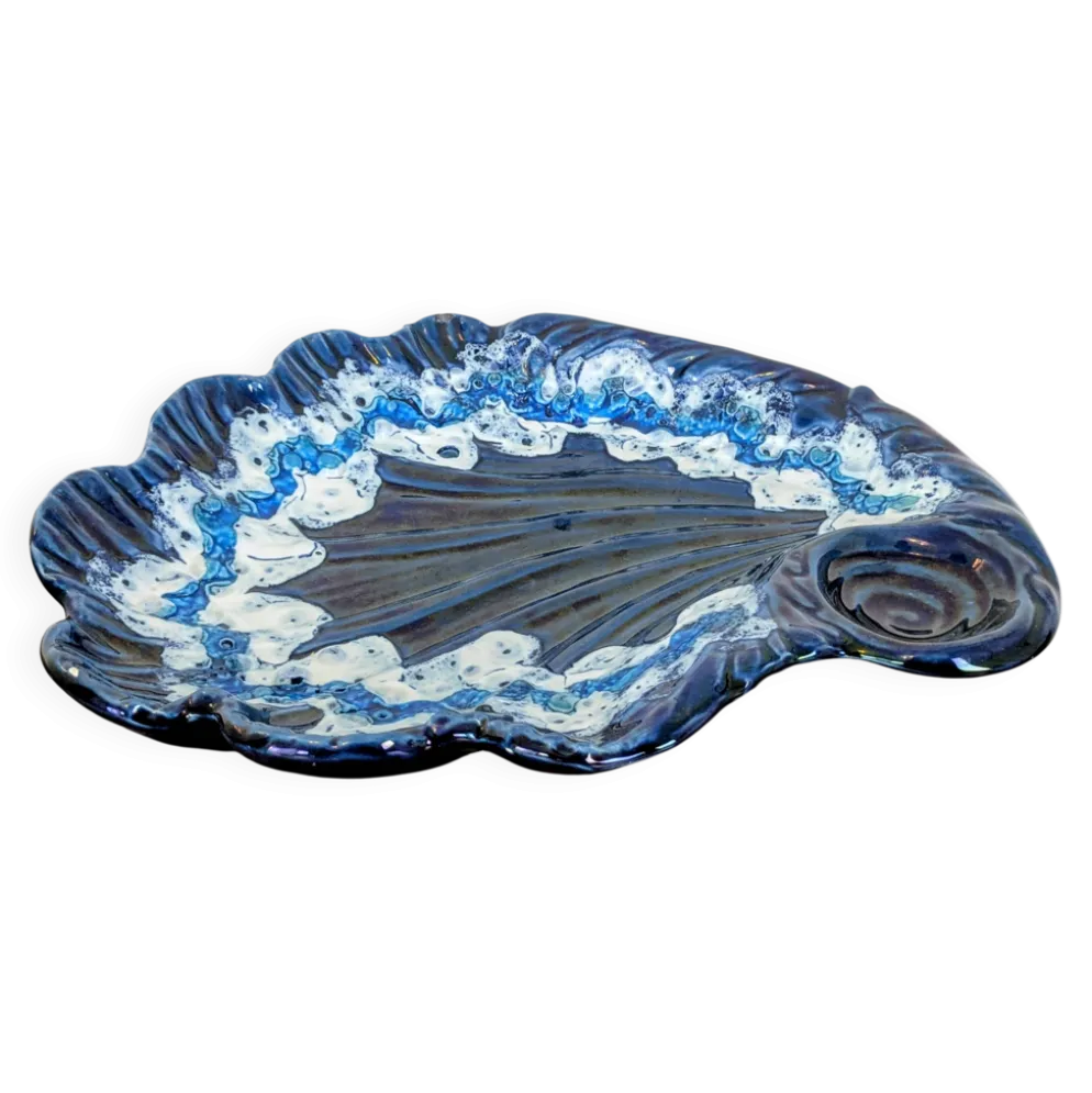 Grande coupe vintage coquillage en céramique émaillée bleue