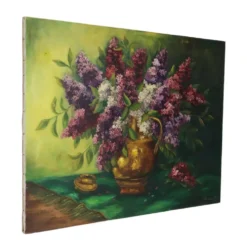 Grande peinture de nature morte florale colorée avec des lilas (90x70 cm)