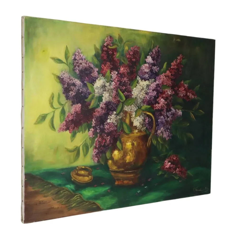 Grande peinture de nature morte florale colorée avec des lilas (90x70 cm)