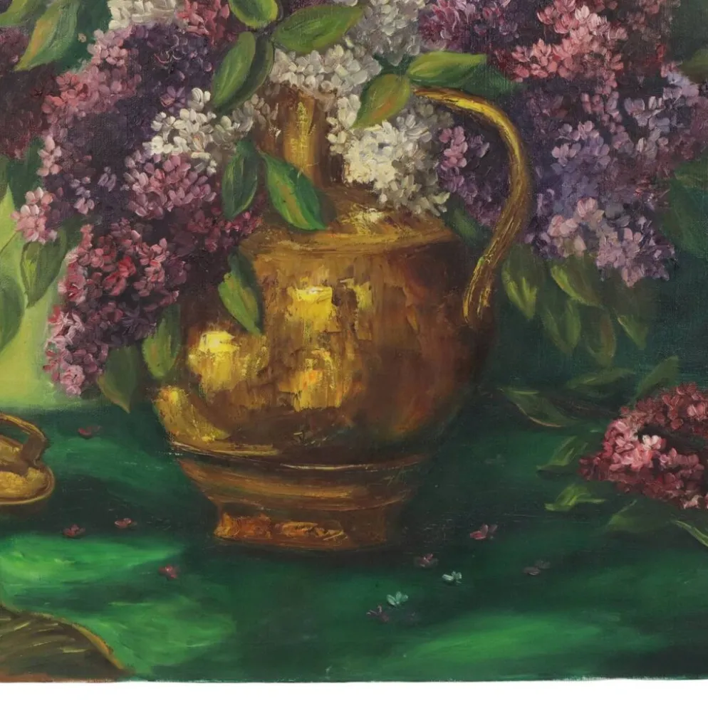 Grande peinture de nature morte florale colorée avec des lilas (90x70 cm)