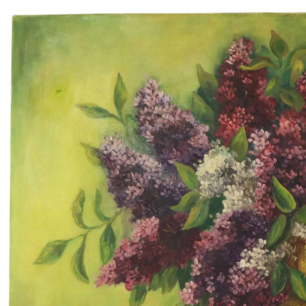 Grande peinture de nature morte florale colorée avec des lilas (90x70 cm)