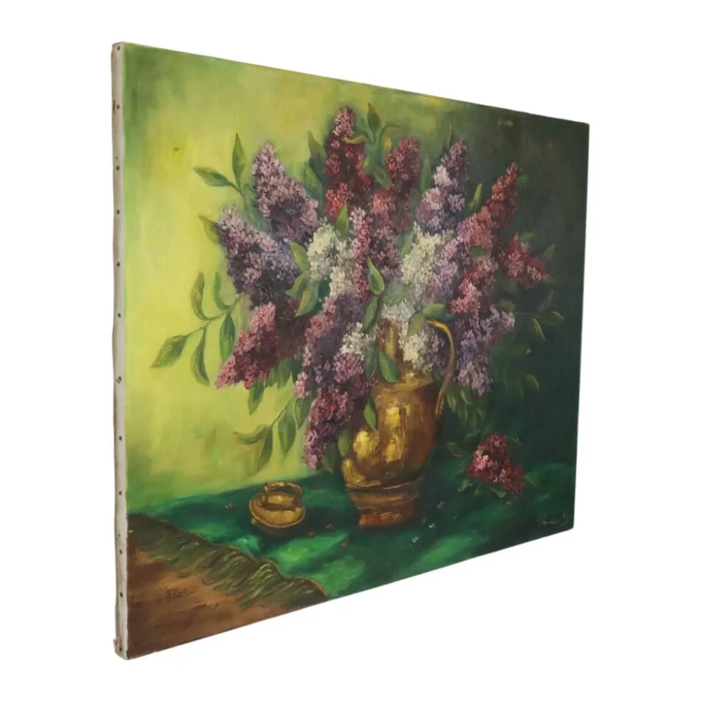 Grande peinture de nature morte florale colorée avec des lilas (90x70 cm)