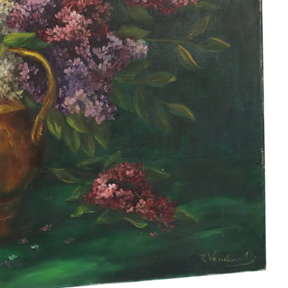 Grande peinture de nature morte florale colorée avec des lilas (90x70 cm)