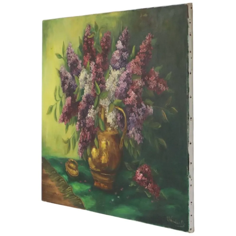 Grande peinture de nature morte florale colorée avec des lilas (90x70 cm)