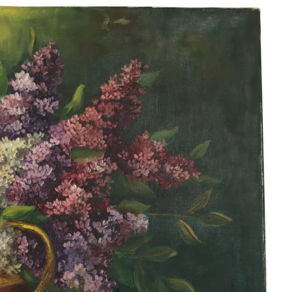 Grande peinture de nature morte florale colorée avec des lilas (90x70 cm)