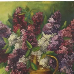 Grande peinture de nature morte florale colorée avec des lilas (90x70 cm)