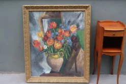 Grande peinture à l'huile ancienne, Nature morte aux tulipes, Cadre doré