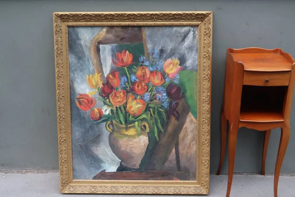 Grande peinture à l'huile ancienne, Nature morte aux tulipes, Cadre doré