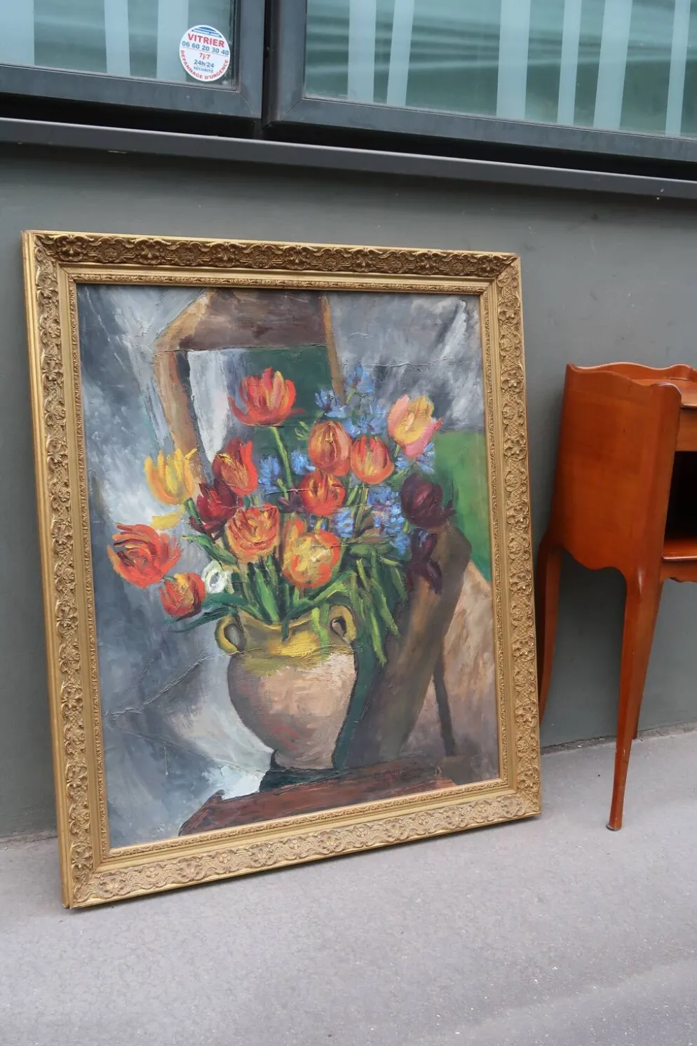 Grande peinture à l'huile ancienne, Nature morte aux tulipes, Cadre doré