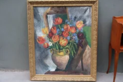 Grande peinture à l'huile ancienne, Nature morte aux tulipes, Cadre doré